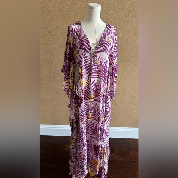 Taj by Sabrina Crippa Beautiful Beaded Lilac Palm Leaf Silk Kaftan -NWT - Picture 2 of 16